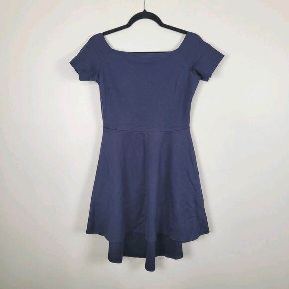 Sarin Mathews Junior's L Navy Off Shoulder Hi Low Dress Short Sleeve Homecoming - Picture 1 of 4